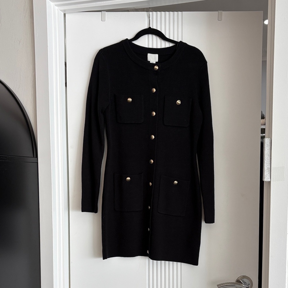 H&M Elegant Black Long Sleeve Dress with Gold Accents